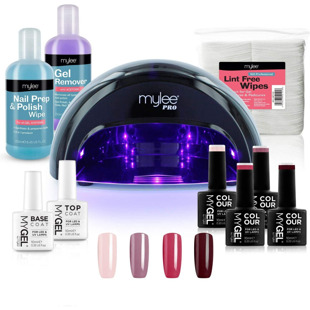 Mylee Complete Professional Gel Nail Polish LED Lamp Kit, 4x MYGEL Colours, Top & Base Coat, Mylee PRO Salon Series Convex CuringÂ® LED Lamp, Prep &