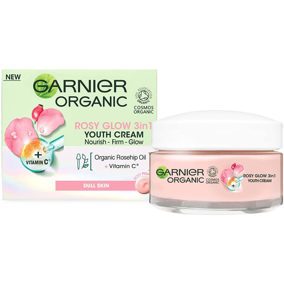 Garnier Organic Rosy Glow 3-in-1 Youth Cream 50 ml, For Radiant And Glowing Skin, With Rosehip Seed Oil And Brightening Vitamin C, Vegan Formula