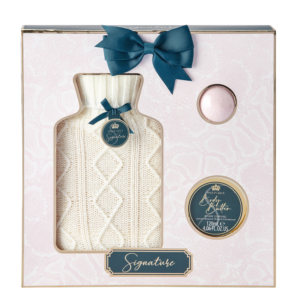 Style & Grace Signature Water Bottle Gift Set - 120ml Body Butter, 50g Bath Fizzer, Hot Water Bottle