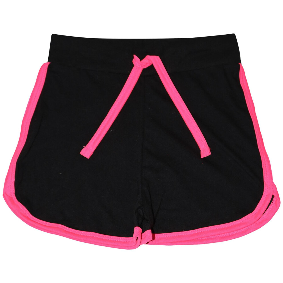 (13 Years, Black & Neon Pink) Kids Girls 100% Cotton Dance Gym Sports Shorts