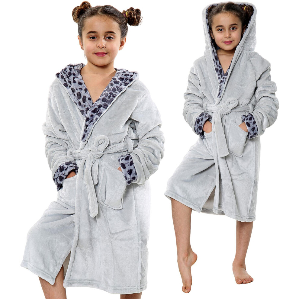 (9-10 Years, Grey) Girls Boys Leopard Print Bathrobe Hooded Swim Beach