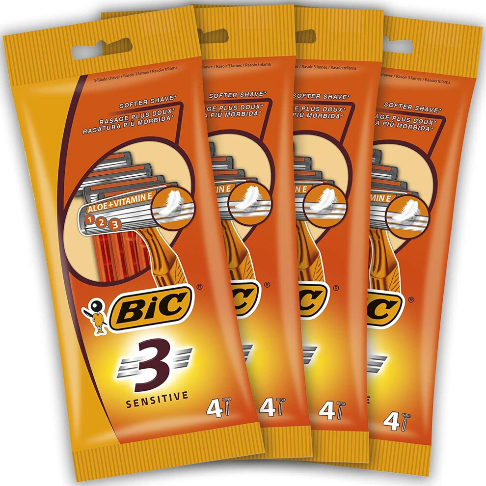 BIC 3 Sensitive Men's Disposable Razors - Bundle of 4 Packs of 4