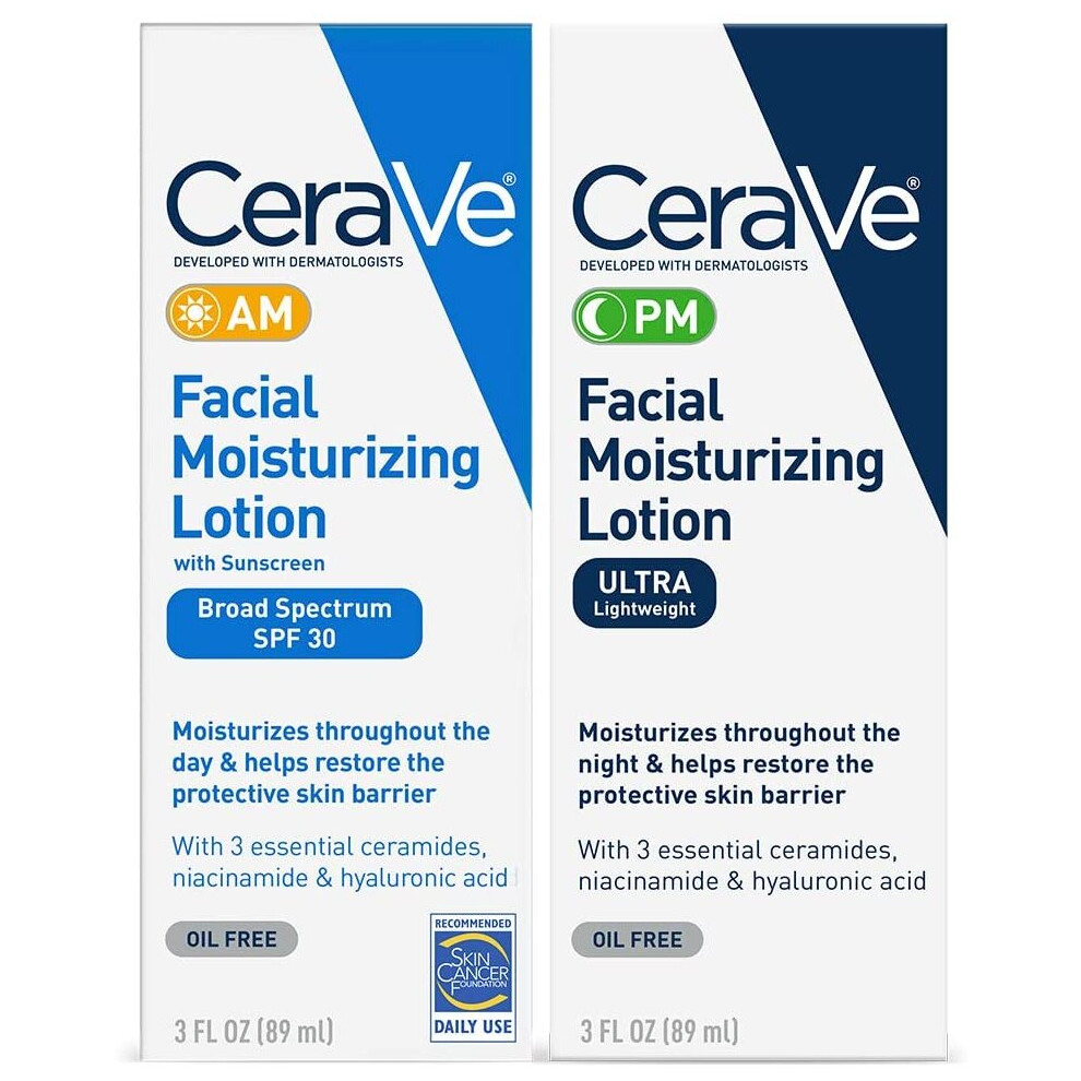 CeraVe Day & Night Face Lotion Skin Care Set | Contains CeraVe AM Face Moisturizer with SPF 30 and CeraVe PM Face Moisturizer | Fragrance Free