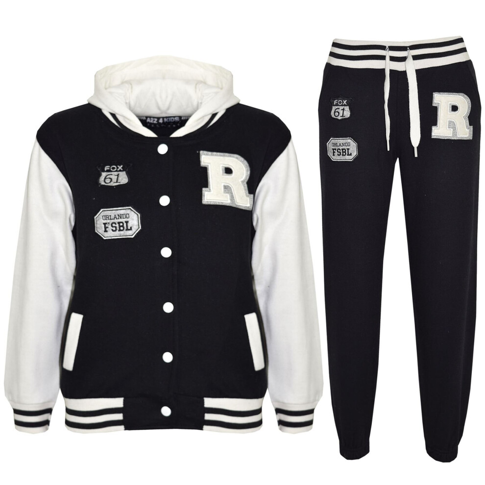 (13 Years, Black) Girls Boys Hooded Baseball Varsity Tracksuit 7-13