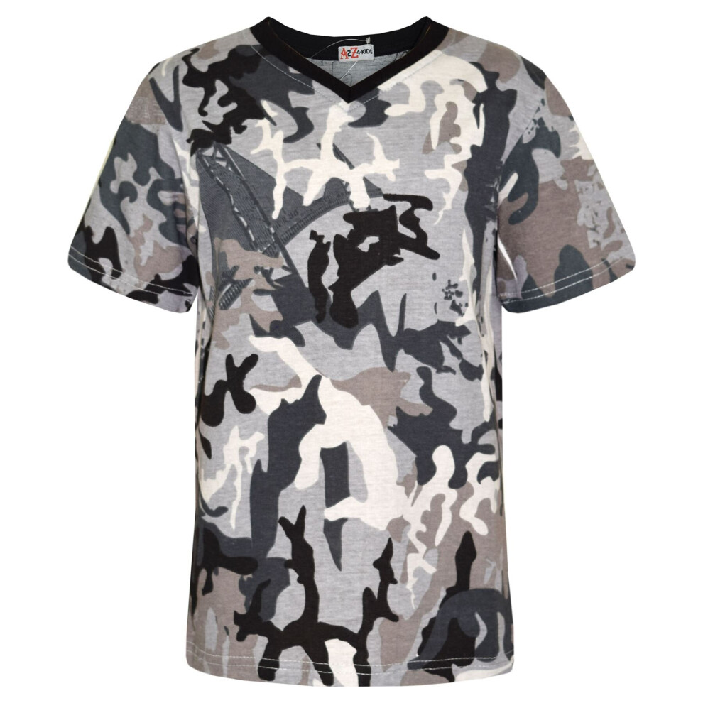 (7-8 Years, Charcoal) Kids Boys Girls Camo Charcoal Basic T Shirt 2-13 Yr