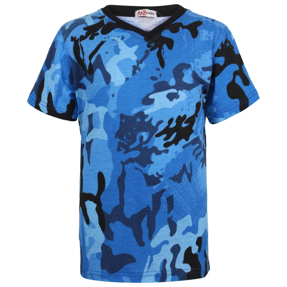 (7-8 Years, Camo Blue) Kids Boys Girls Basic T Shirt V Crew Neck 2-13