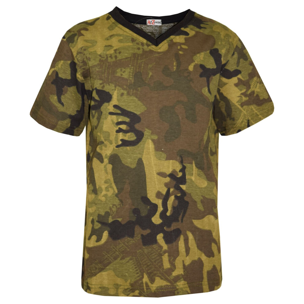 (11-12 Years, Camo Green) Kids Boys Girls Basic T Shirt V Crew Neck 2-13