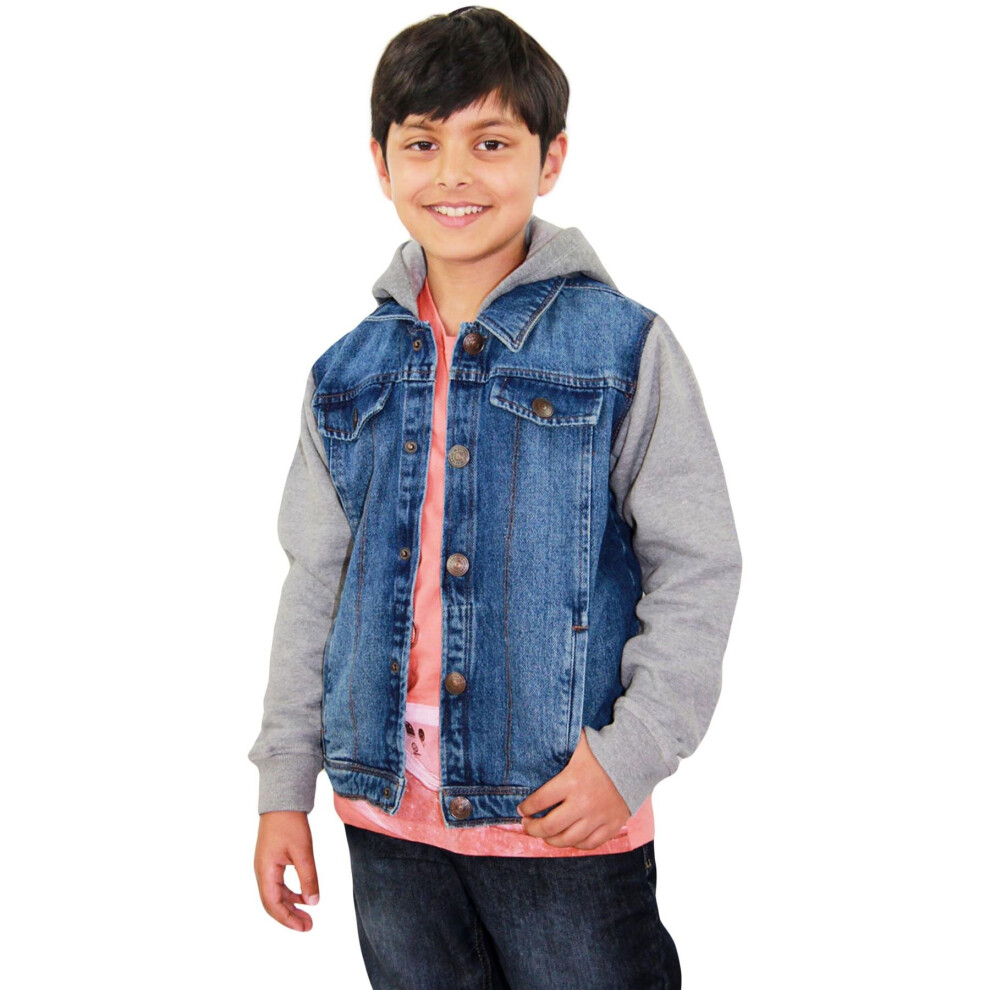 (11-12 Years, Dark Blue) Boys Denim Fleece Sleeves Hooded Jacket 2-13 Years