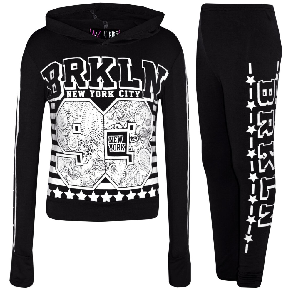 (9-10 Years, Black) Girls Brooklyn 93 Hooded Crop Top Legging Set 7-13