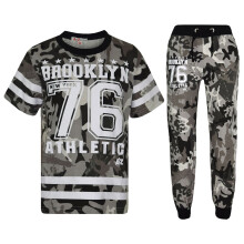 (11-12 Years, Camo Charcoal) Boys Brooklyn 76 Camouflage T Shirt Tops & Trouser Set