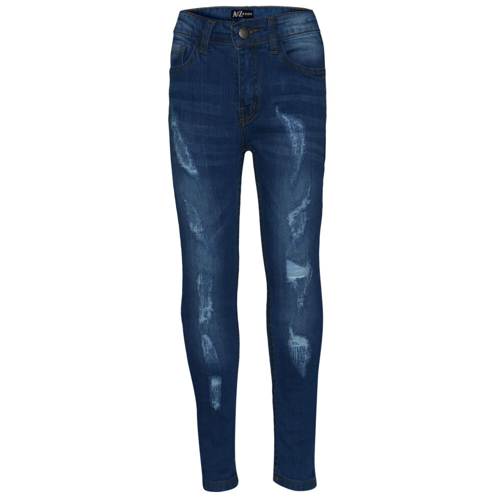 (7-8 Years, Mid Blue) Boys Stretchy Jeans Ripped Denim Skinny Jeans 5-14