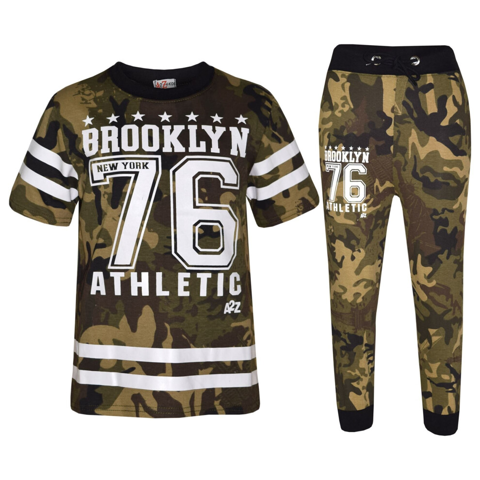 (13 Years, Camo Green) Boys Brooklyn 76 Camouflage T Shirt Tops & Trouser Set