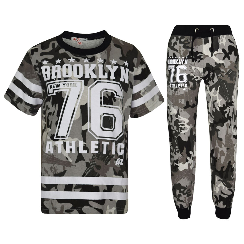 (13 Years, Camo Charcoal) Boys Brooklyn 76 Camouflage T Shirt Tops & Trouser Set