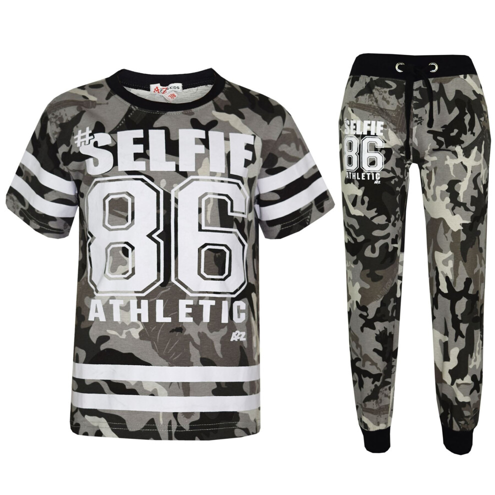 (9-10 Years, Camo Charcoal) Boys #Selfie 86 Camouflage T Shirt & Trouser Set 7-13