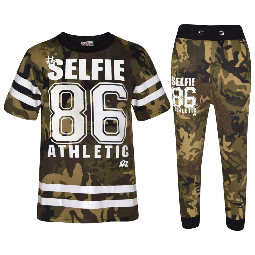 (13 Years, Camo Green) Boys #Selfie 86 Camouflage T Shirt & Trouser Set 7-13