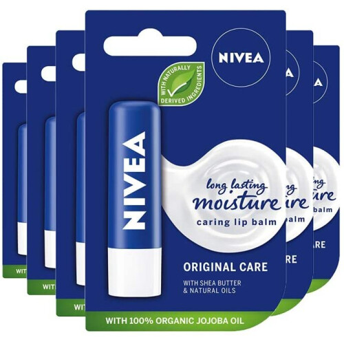 NIVEA Lip Balm Original Care Pack of 6 (6 x 4.8g) Protective Lip Moisturiser with Shea Butter and Natural Oils, Caring Lip Balm for 24h Moisture Care,