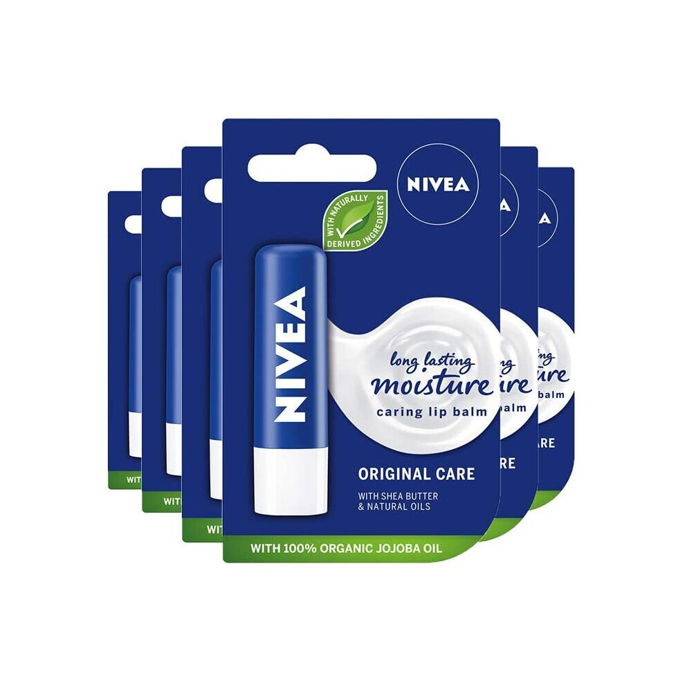 NIVEA Lip Balm Original Care Pack of 6 (6 x 4.8g) Protective Lip Moisturiser with Shea Butter and Natural Oils, Caring Lip Balm for 24h Moisture Care,