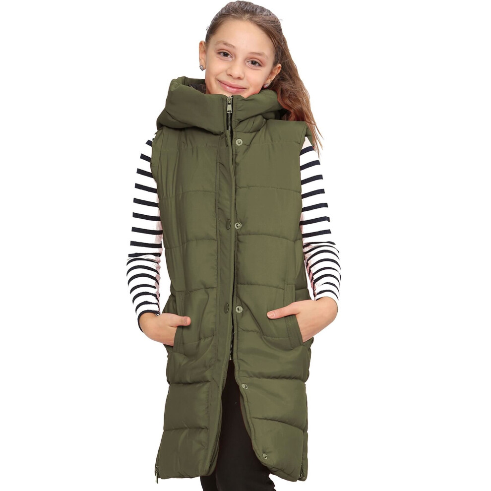 (11-12 Years, Khaki) Kids Girls Quilted Gilet Padded Long Line Vest