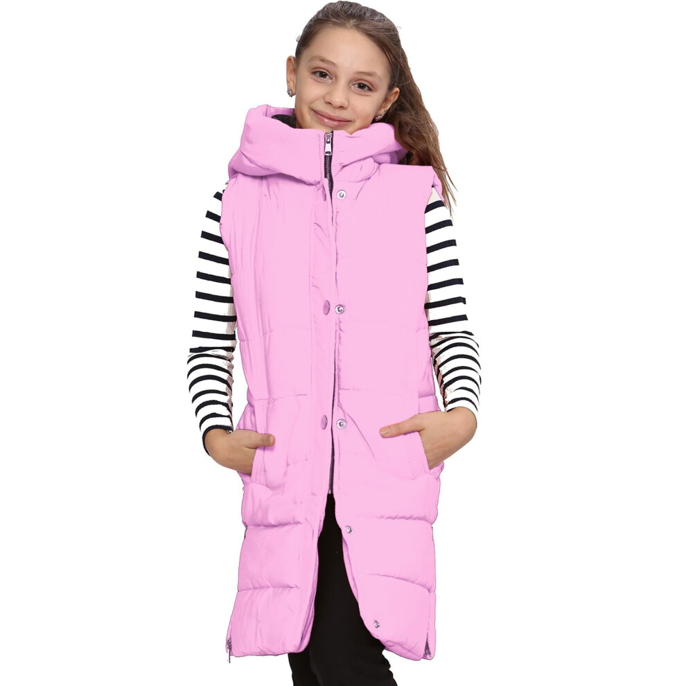 (7-8 Years, Pink) Kids Girls Quilted Gilet Padded Long Line Vest