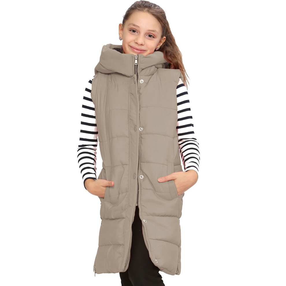 (9-10 Years, Stone) Girls Stone Quilted Gilet Padded Long Line Vest