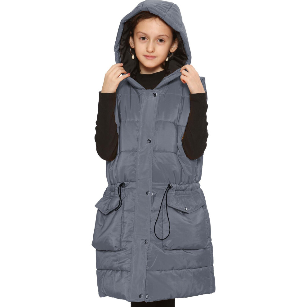 (9-10 Years, Grey) Kids Girls Fashion Gilet Long Line Jacket 7-13