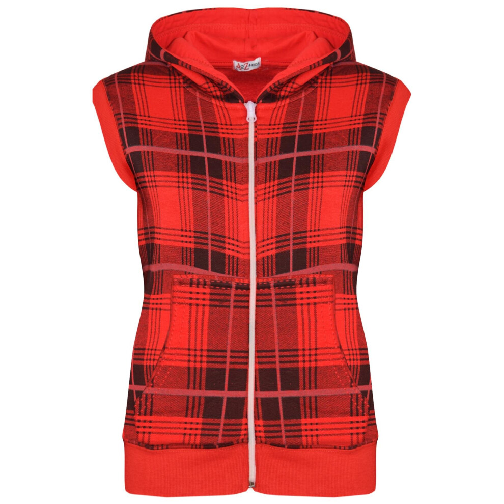 (13 Years, Tartan Red) Girls Boys Tartan Red Plain Gilet Hoodie Jacket