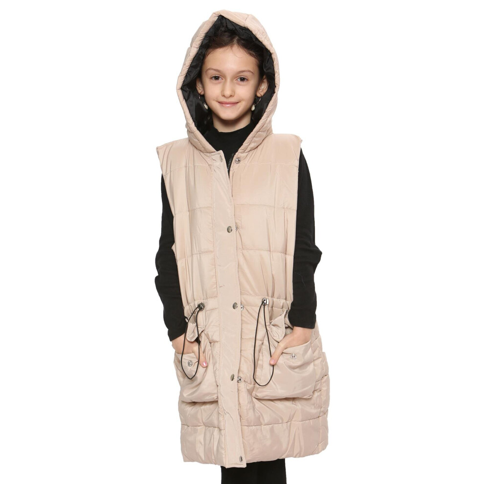 (9-10 Years, Stone) Kids Girls Fashion Gilet Long Line Jacket 7-13