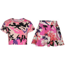 (5-6 Years, Baby Pink) Girls Crop Top & Skater Skirt Camouflage Print