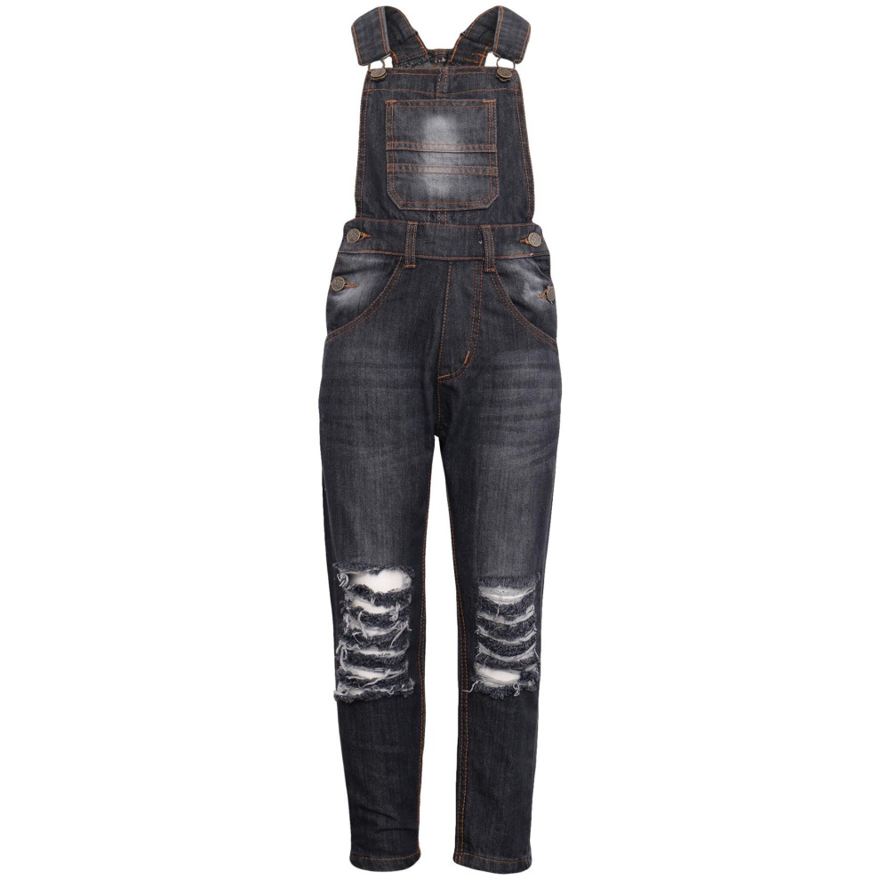 (13 Years, Black) Kids Girls Denim Dungaree Ripped Black Jeans 3-13