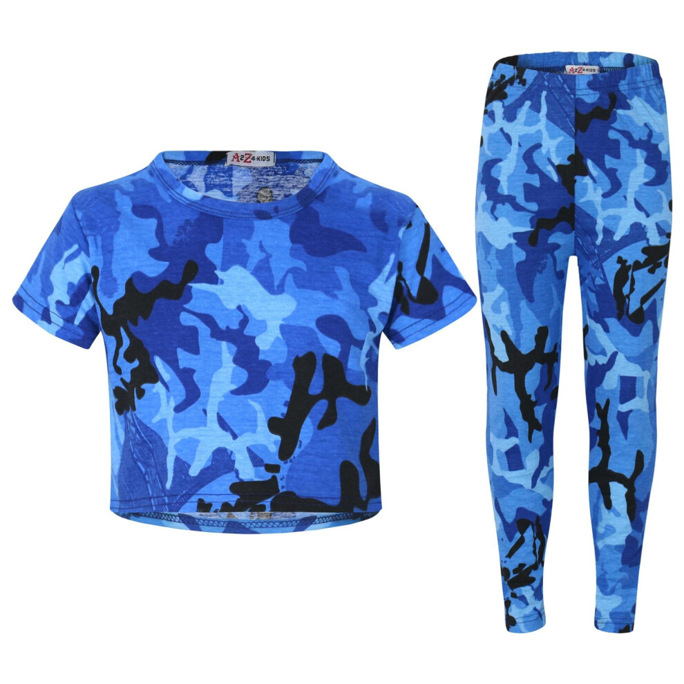 (13 Years, Blue) Kids Girls Camo Print Crop Top Legging Set 7-13 Yr