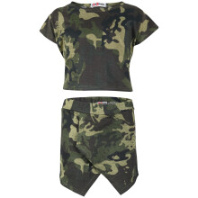 (11-12 Years, Camo Green) Girls Camo Green Print Crop Top & Skort Set