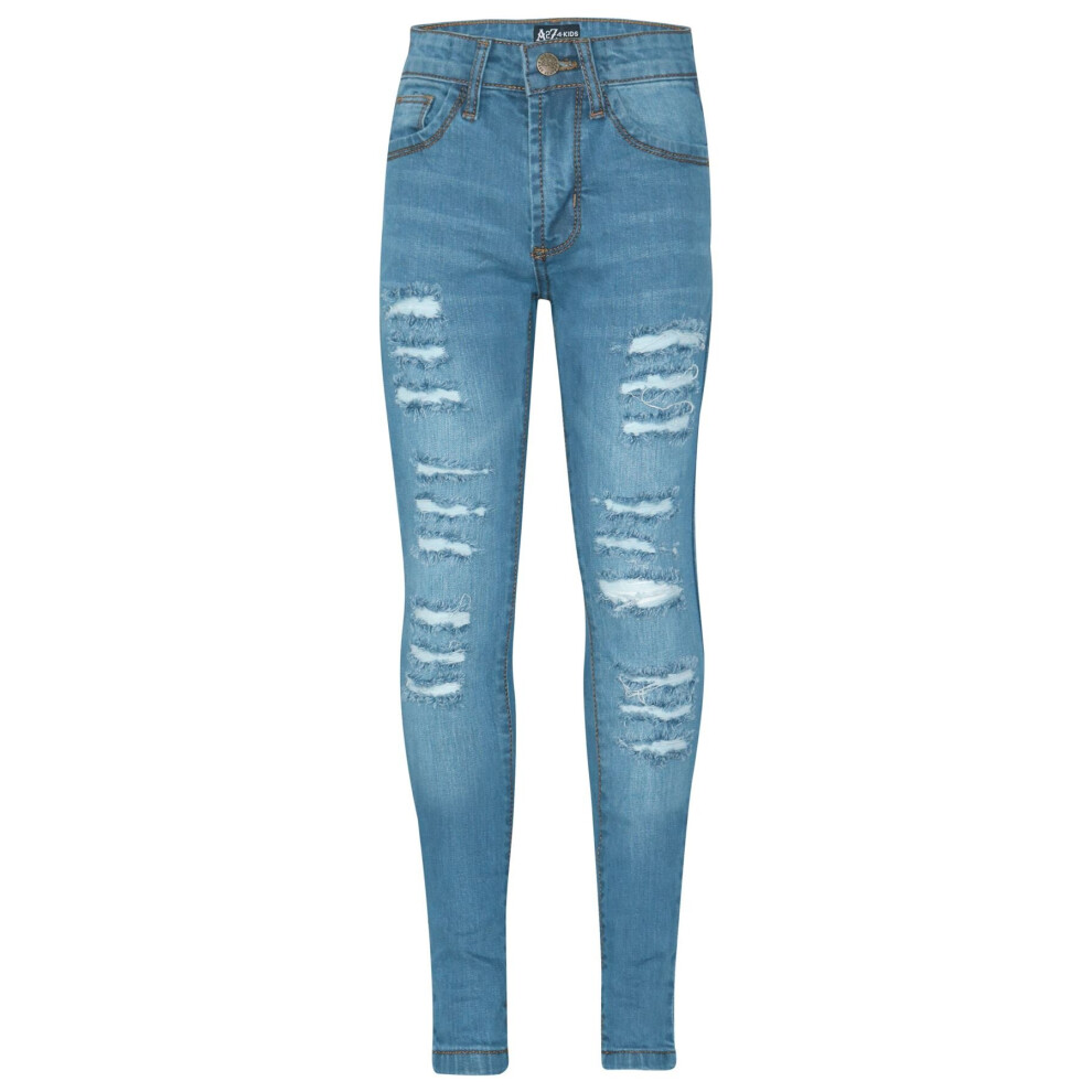 (9-10 Years, Light Blue) Girls Stretchy Skinny Jeans Ripped Denim Faded Pant