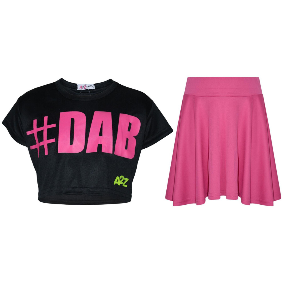 (9-10 Years, #Dab Black Crop & Skirt Set) Kids Girls Crop Top Fashion Skater Skirt Set 5-13