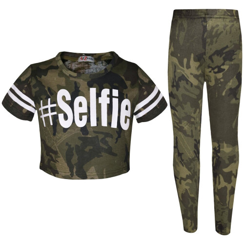 (13 Years, #Selfie Green) Kids Girls Camo Print Crop Top Legging Set 7-13 Yr