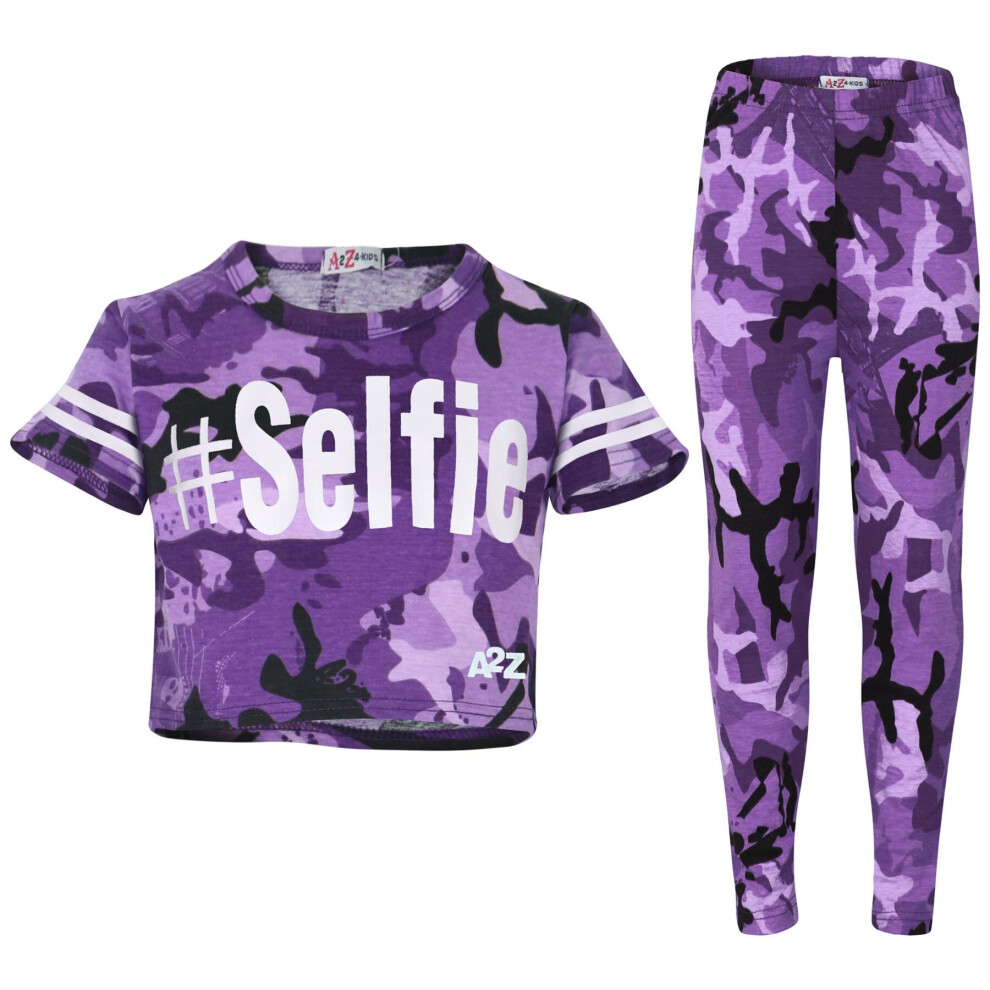 A2zkids (7-8 Years, #Selfie Purple) Kids Girls Camo Print Crop Top Legging Set 7-13 Yr