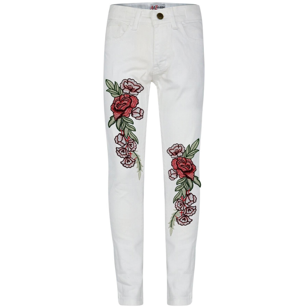 (9-10 Years, White) Kids Girls Jeans Roses Embroidered Mid White Pant-image-OPC-P8VY68V-NEW