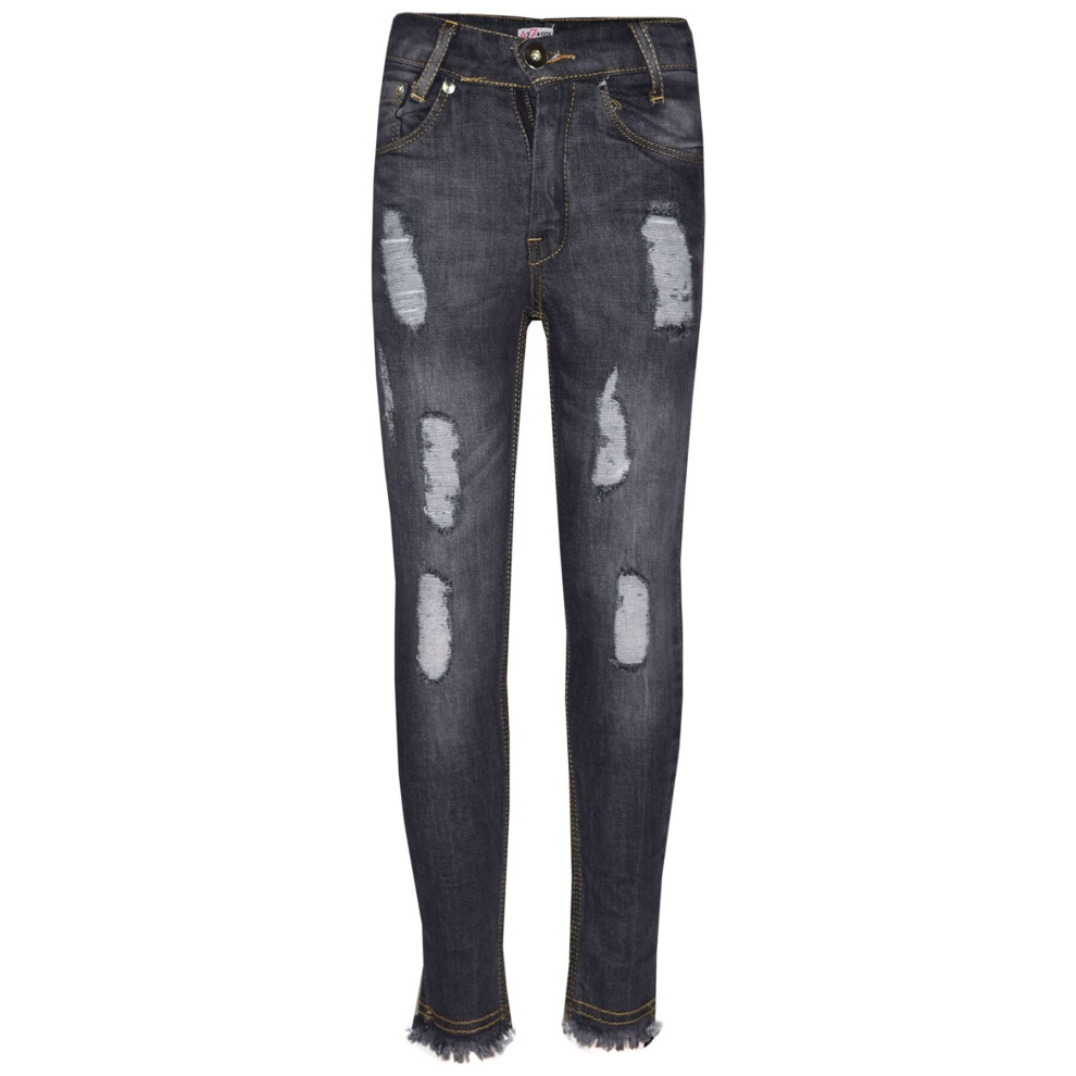 (13-14 Years, Black) Kids Girls Skinny Jeans Denim Ripped Rough Pants