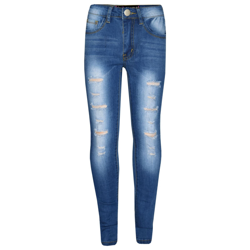 (11-12 Years, Mid Blue) Kids Girls Skinny Jeans Denim Ripped Stretchy Pants