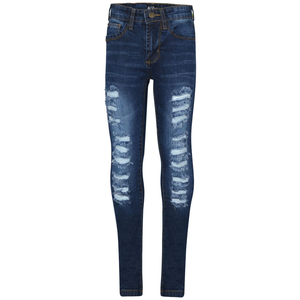 (13 Years, Dark Blue) Girls Stretchy Skinny Jeans Ripped Denim Faded Pant-image-OPC-P8VY6RP-NEW