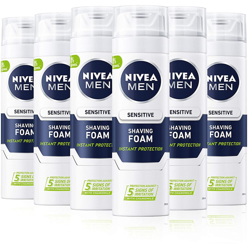 NIVEA MEN Sensitive Shaving Foam Pack of 6 (6 x 200ml) Sensitive Skin Shaving Foam, Shave Gel for Men, Shaving Gel for Irritated & Dry Skin with Witch