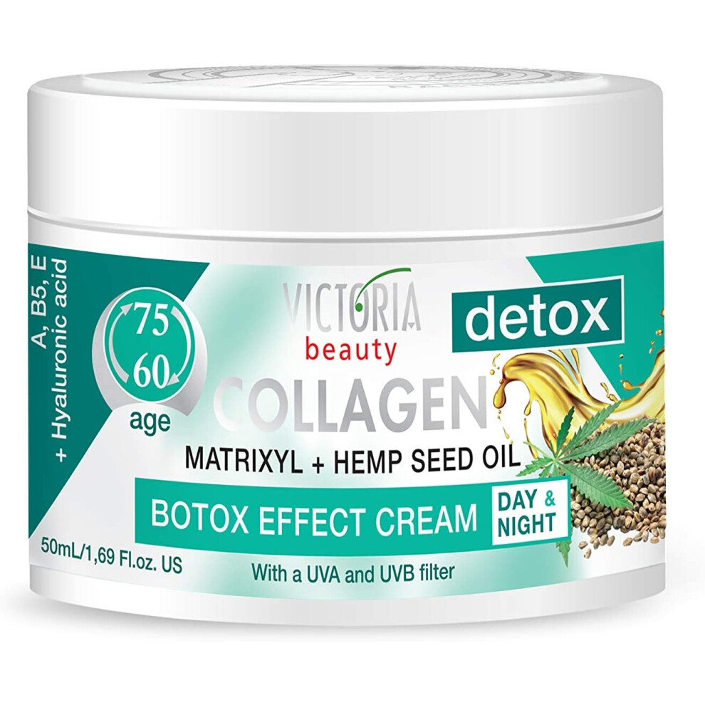 Victoria Beauty Day and Night Anti-Aging Moisturiser with Collagen, Hyaluronic Acid, Matrixyl® 3000, Hemp Seed Oil, and a UVA/UVB Filter for Ages