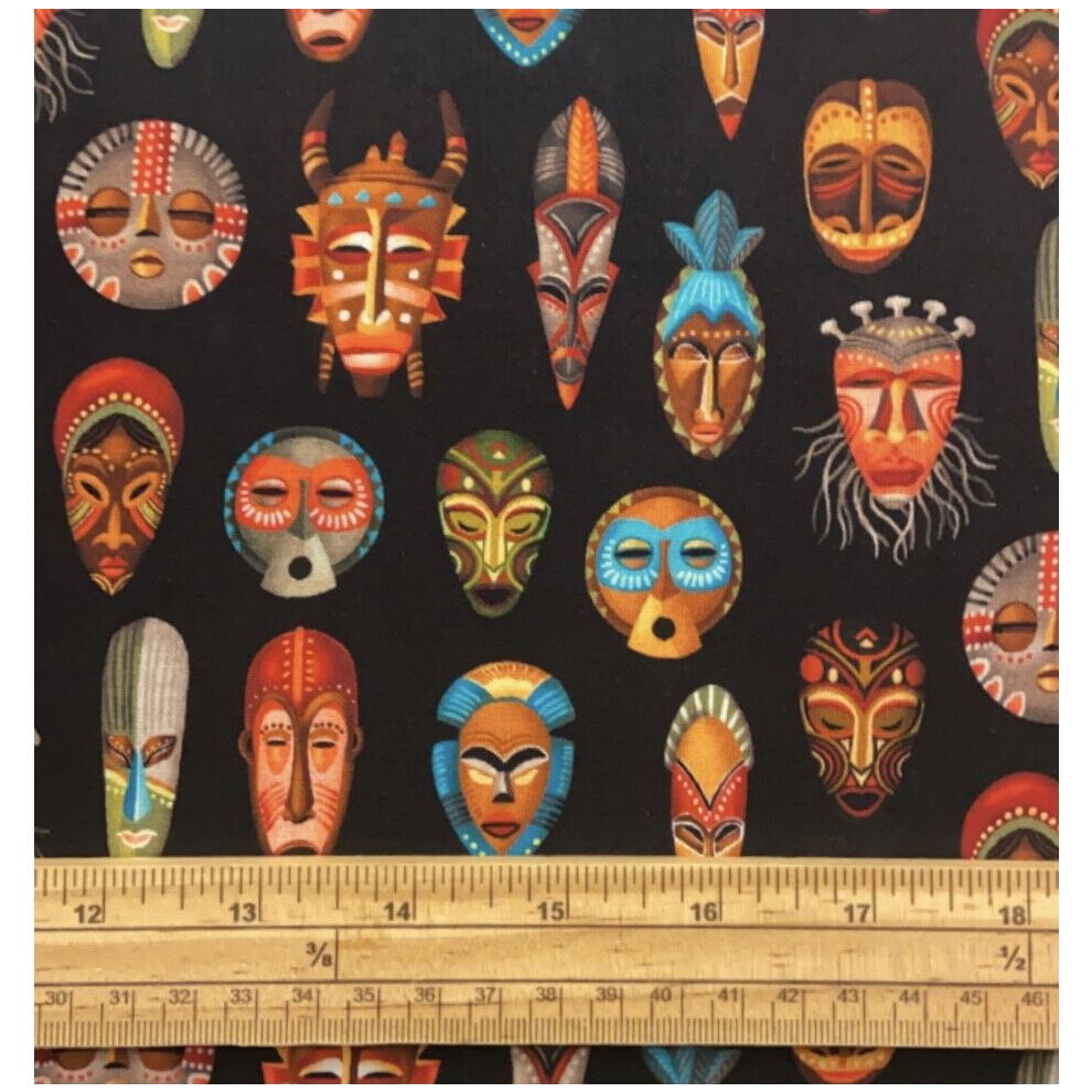 Fat Quarter Indigenous Masks On Black 100% Cotton Quilting Fabric