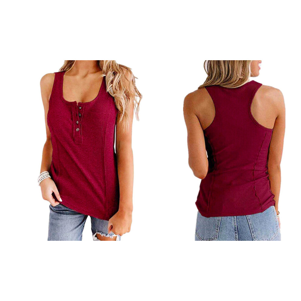 (Red, XL) Women's Button Down Sleeveless Tank Top