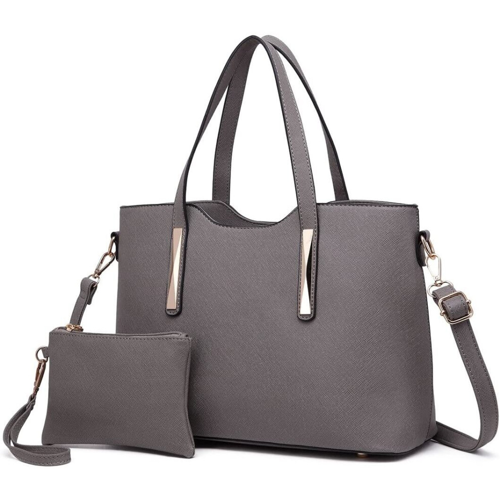 Miss Lulu Fashion Ladies Pu Saffiano Leather Top Handle Bags 2 Pieces Tote Shoulder Handbags for Women (Grey)