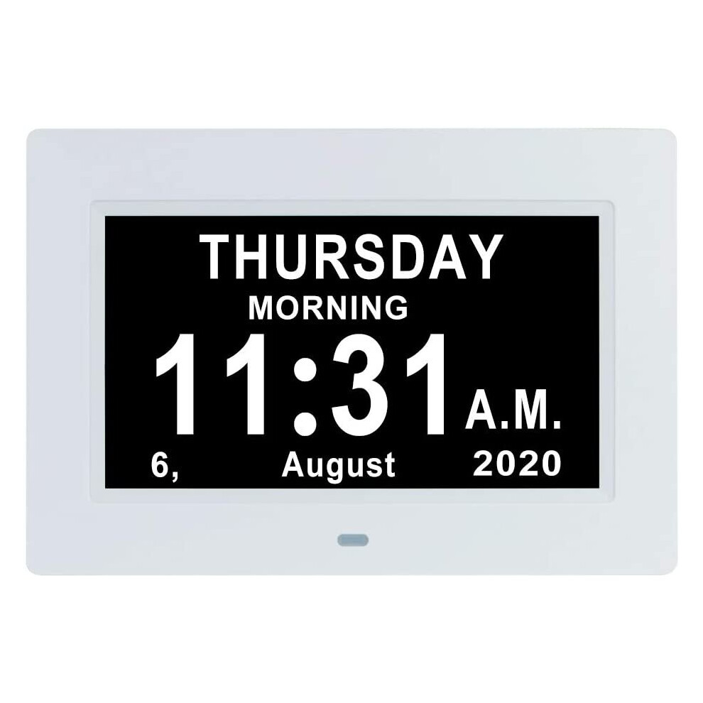 7 INCH Day Date Dementia Clocks Auto-Dimming 12 Alarm Reminders Extra Large Non-Abbreviated Day & Month 12/24 Hours Display Digital Calendar Clock for