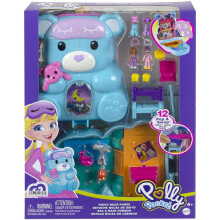 Polly Pocket 2-en-1 Jouet de Voyage, 2 Poup?es Micro & 16 Accessoires, Sac ? Main Ours en Peluche, Th?me Nuit de Poup?e