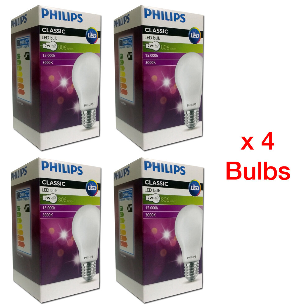 Philips E27 classic LED bulb, 7w (60w), 806lm, 3000K warm white  (4pk)