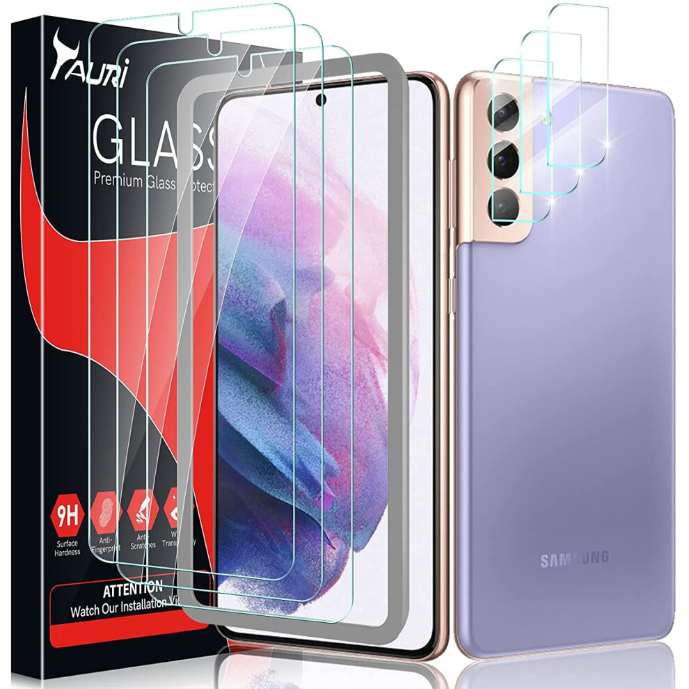 TAURI [3+3 Pack] 3 Pack Tempered Glass Screen Protector + 3 Pack Camera Lens Protector Compatible with Samsung Galaxy S21 5G 6.2 - inch Easy