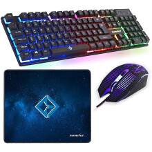 Combrite Raptor Gaming Keyboard And Mouse Set With Large Mouse Pad, Rainbow LED, USB Wired Desktop Combo, English UK Layout