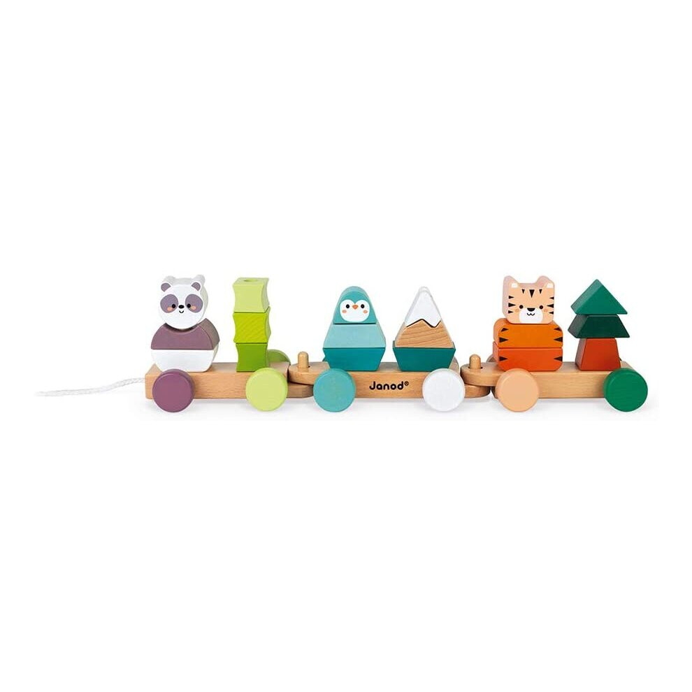 Janod Train-La Balade des Animaux-Wooden Activity Toy-to Develop Fine Motor Skills, Learn Colours-Water Based Paint-WWF Partnership-FSC Certified-from